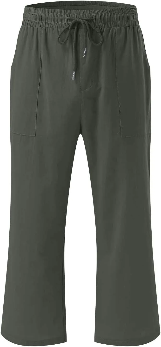 Linen Capri Pants for Women Casual 2025 Summer Drawstring Elastic High Waist Capris Wide Leg Cropped Trousers