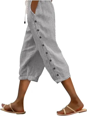 Linen Capri Pants for Women Casual Summer Lightweight Capris High Waist Drawstring Cropped Pants Side Button Trousers