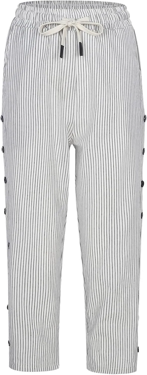 Linen Capri Pants for Women Casual Summer Lightweight Capris High Waist Drawstring Cropped Pants Side Button Trousers