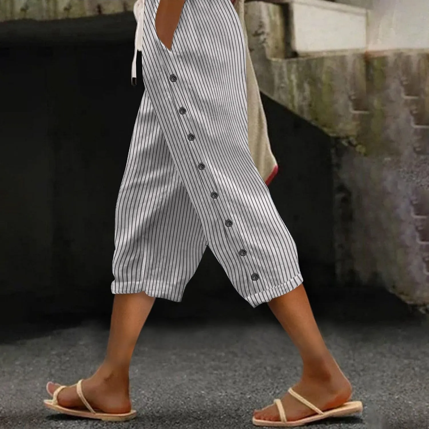 Linen Capri Pants for Women Casual Summer Lightweight Capris High Waist Drawstring Cropped Pants Side Button Trousers