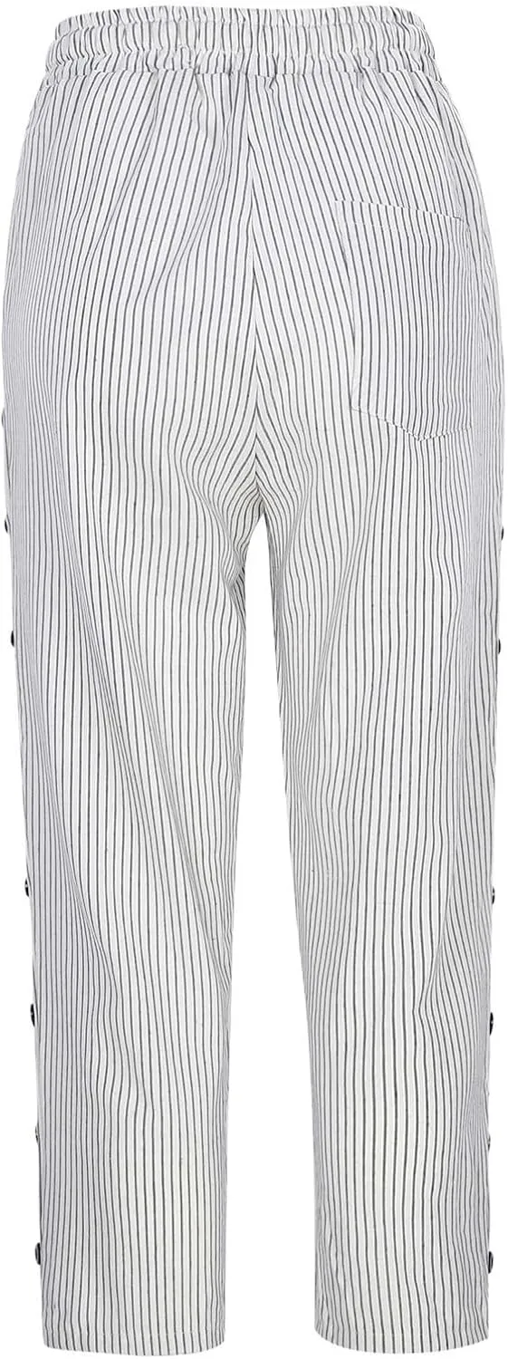 Linen Capri Pants for Women Casual Summer Lightweight Capris High Waist Drawstring Cropped Pants Side Button Trousers