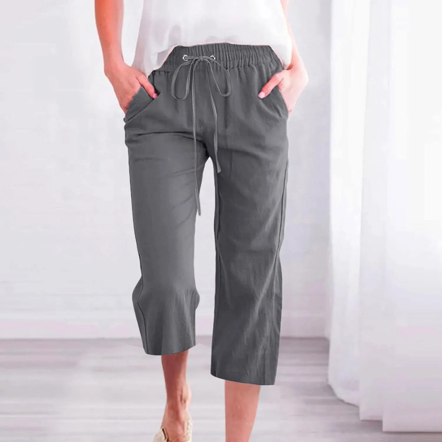 Linen Capri Pants for Women Cotton Casual,Drawstring High Waist Pants Wide Leg Cropped Trousers