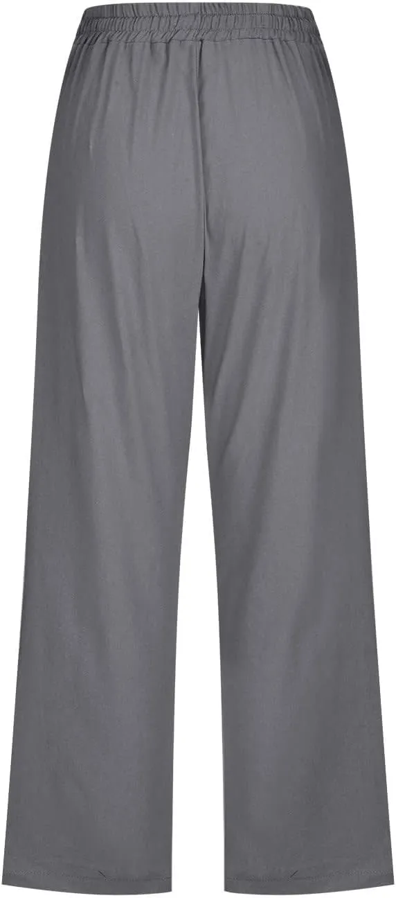 Linen Capri Pants for Women Cotton Casual,Drawstring High Waist Pants Wide Leg Cropped Trousers