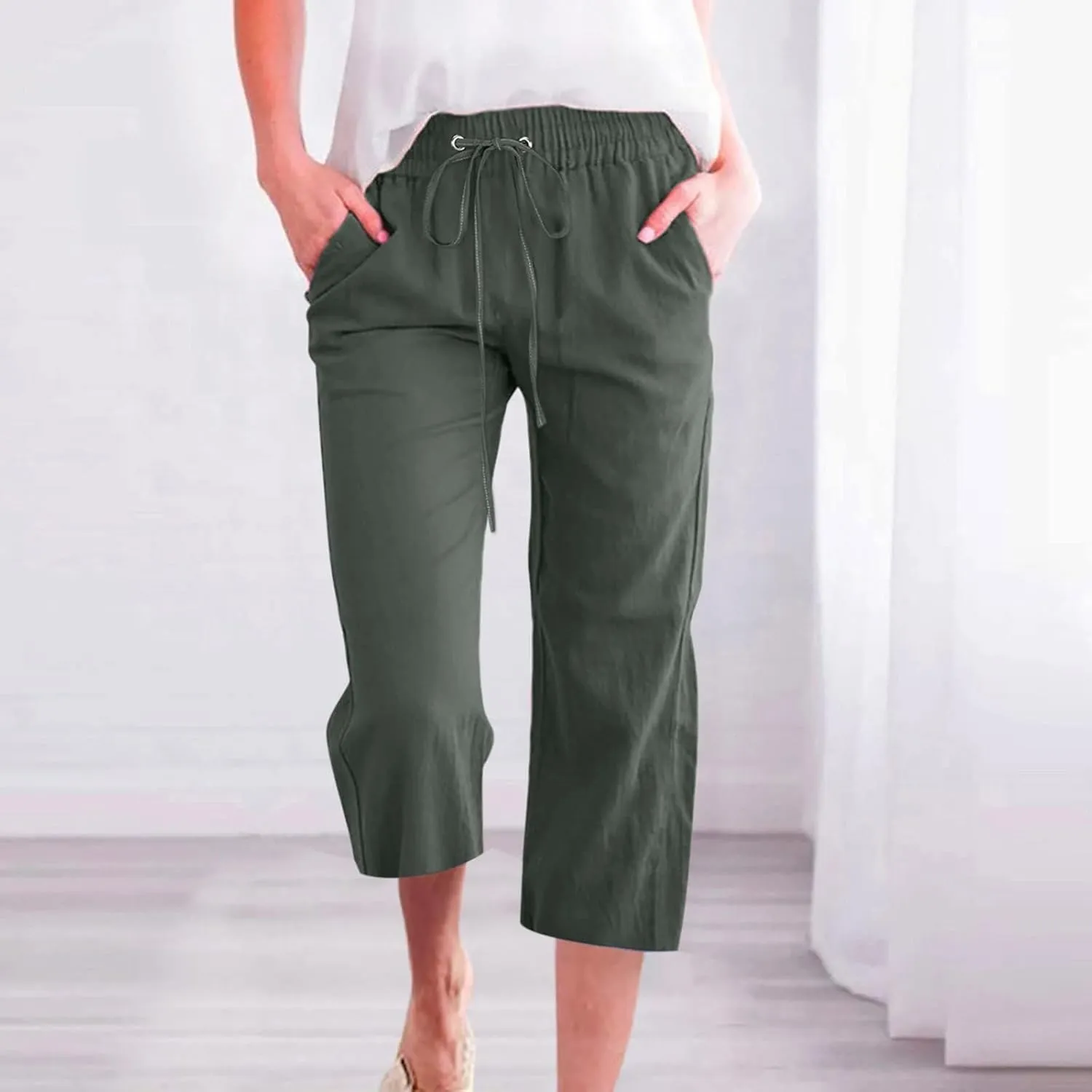Linen Capri Pants for Women Cotton Casual,Drawstring High Waist Pants Wide Leg Cropped Trousers