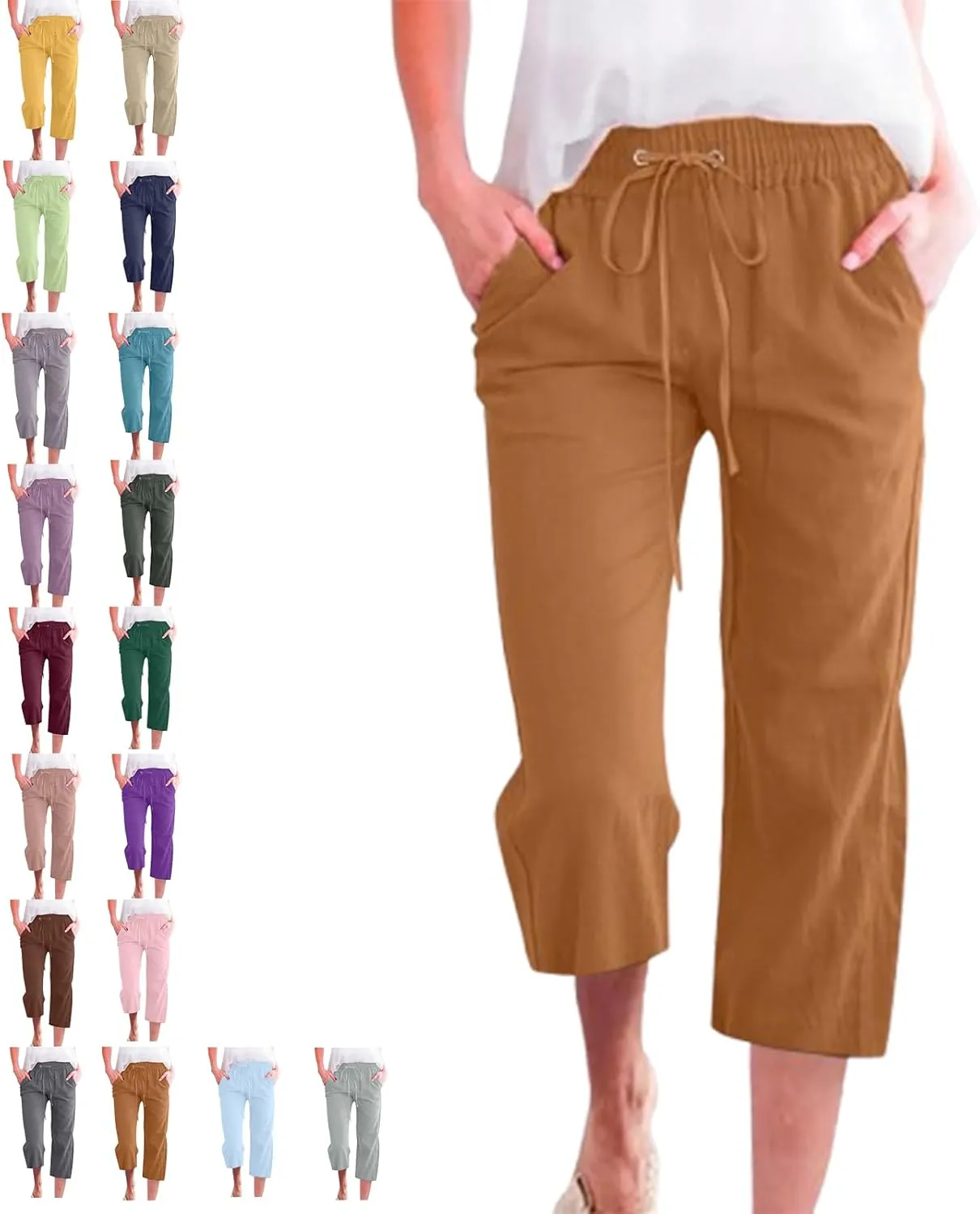 Linen Capri Pants for Women Cotton Casual,Drawstring High Waist Pants Wide Leg Cropped Trousers