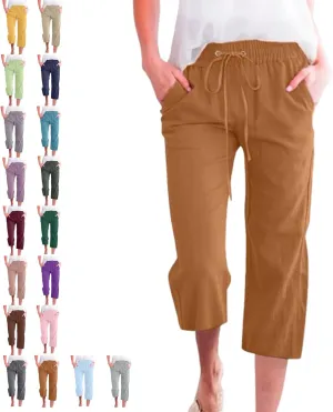 Linen Capri Pants for Women Cotton Casual,Drawstring High Waist Pants Wide Leg Cropped Trousers
