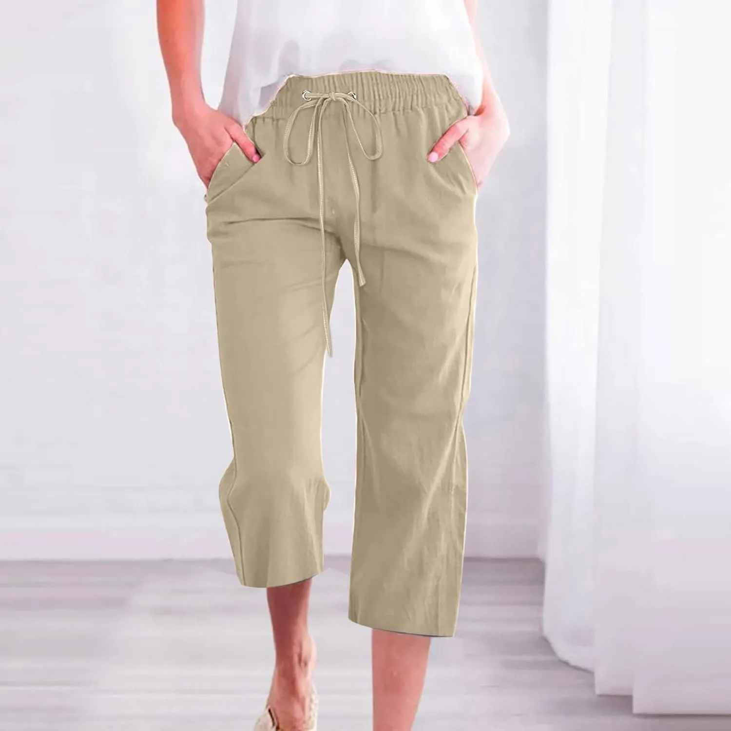 Linen Capri Pants for Women Cotton Casual,Drawstring High Waist Pants Wide Leg Cropped Trousers