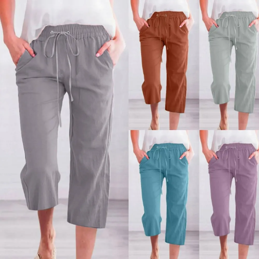Linen Capri Pants for Women Cotton Casual,Drawstring High Waist Pants Wide Leg Cropped Trousers