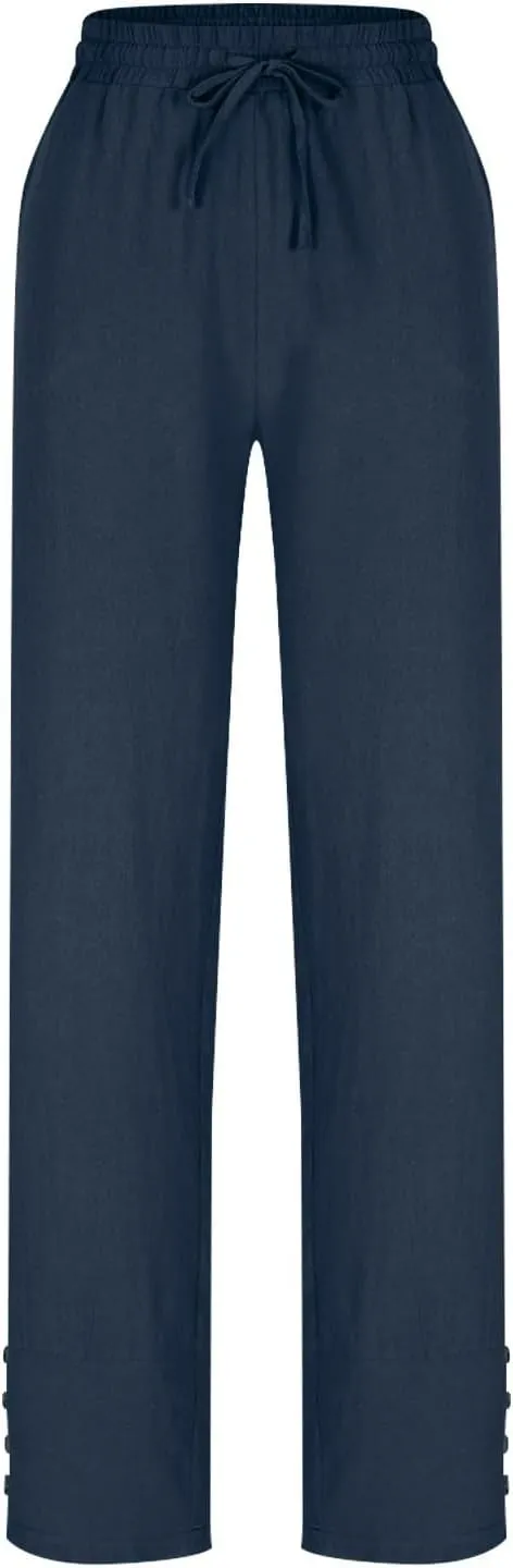 Linen Pants 2025 Women Summer Casual Wide Leg Pants Solid Color Drawstring Elastic Waist Trousers with Pockets