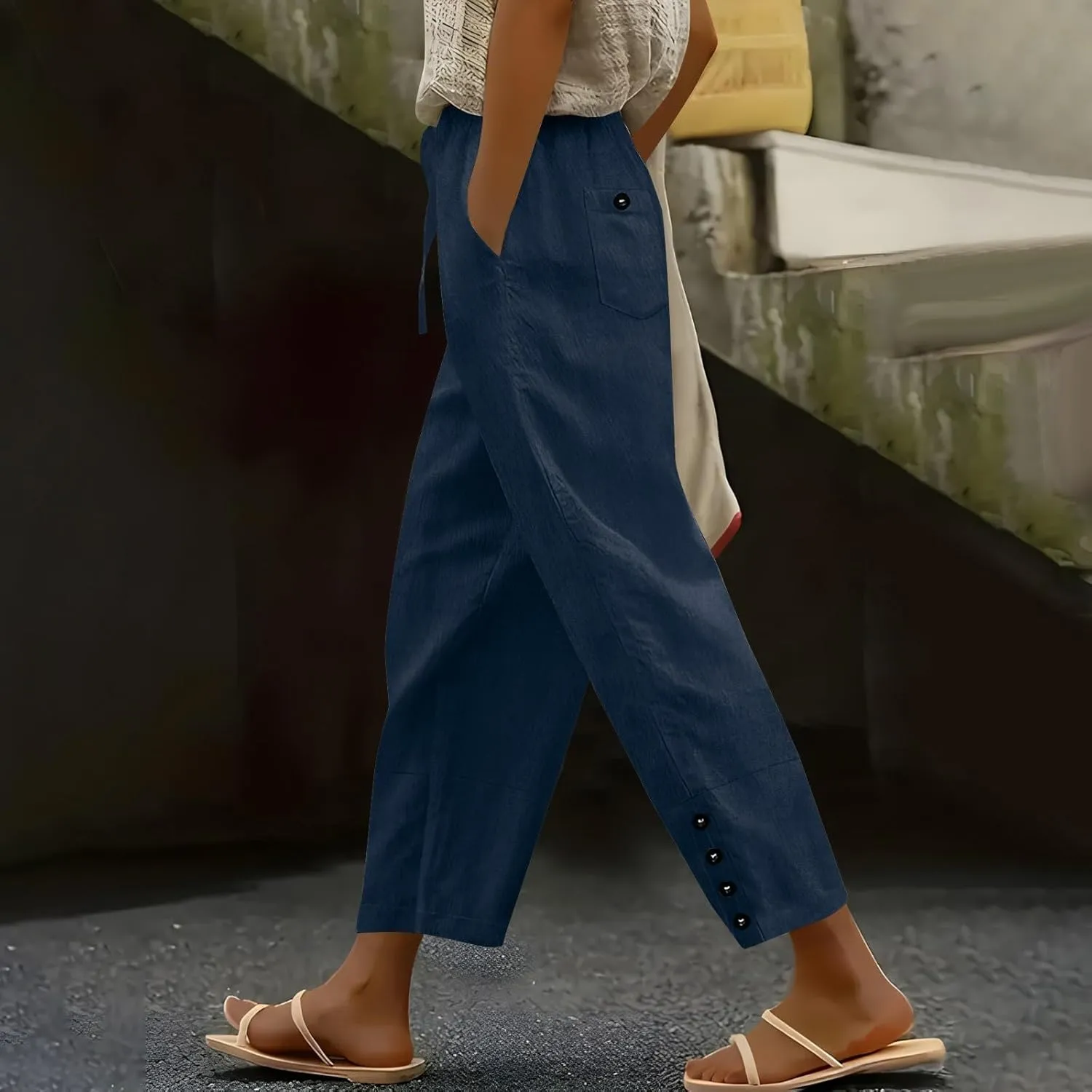 Linen Pants 2025 Women Summer Casual Wide Leg Pants Solid Color Drawstring Elastic Waist Trousers with Pockets