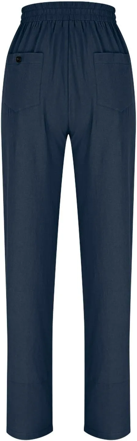 Linen Pants 2025 Women Summer Casual Wide Leg Pants Solid Color Drawstring Elastic Waist Trousers with Pockets