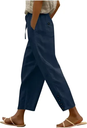 Linen Pants 2025 Women Summer Casual Wide Leg Pants Solid Color Drawstring Elastic Waist Trousers with Pockets