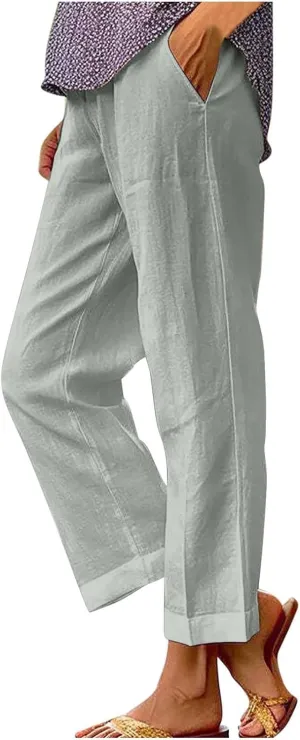 Linen Pants for Women 2025 Summer Elastic Waist Drawstring Casual Trousers Lightweight Straight Leg Lounge Pants