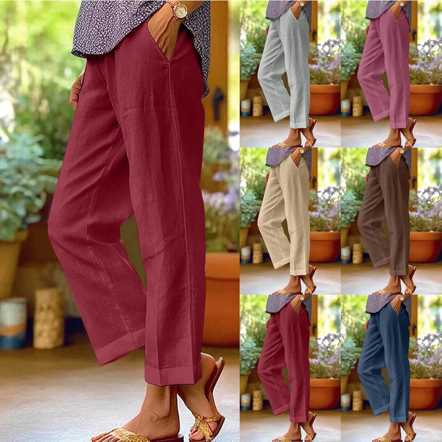 Linen Pants for Women 2025 Summer Elastic Waist Drawstring Casual Trousers Lightweight Straight Leg Lounge Pants