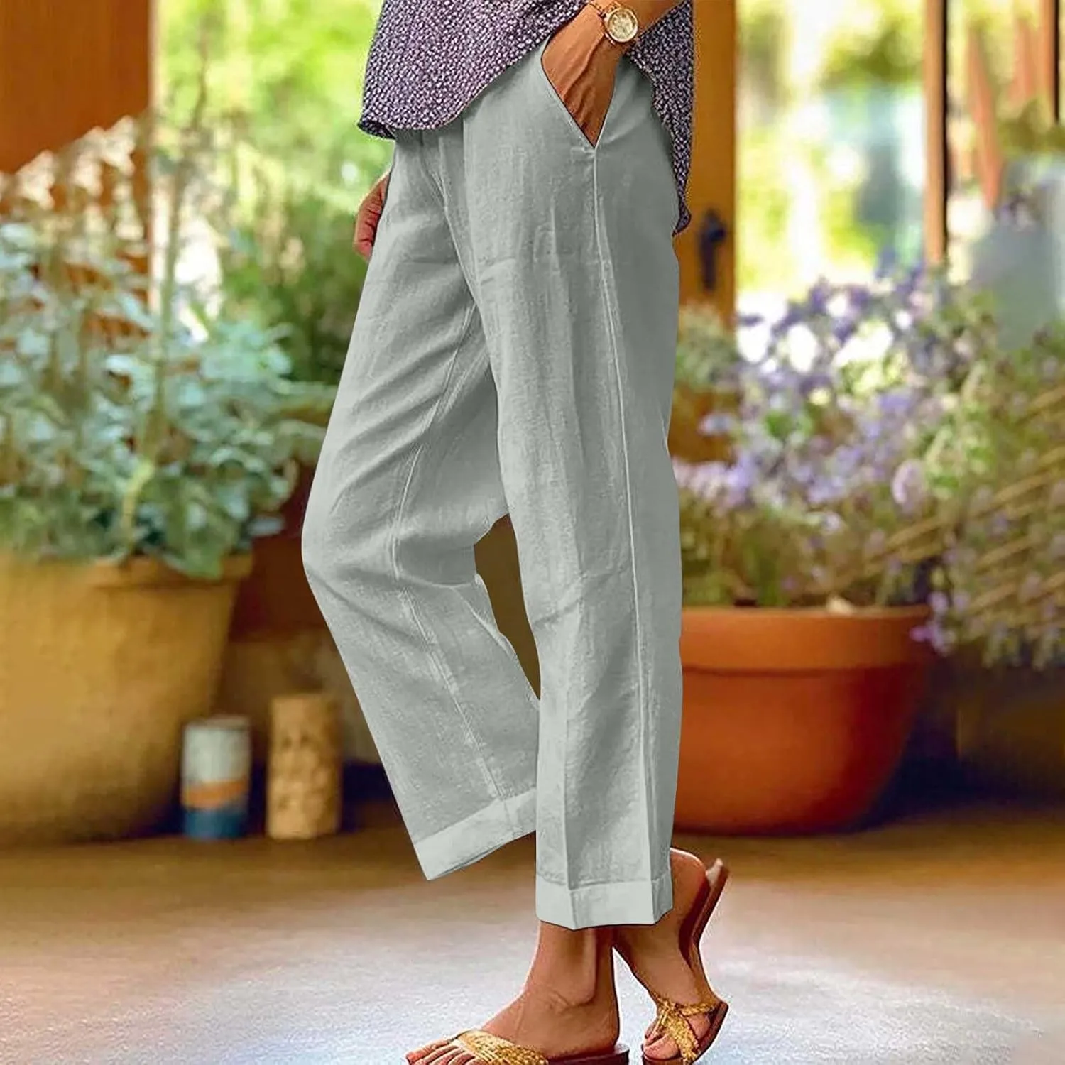 Linen Pants for Women 2025 Summer Elastic Waist Drawstring Casual Trousers Lightweight Straight Leg Lounge Pants