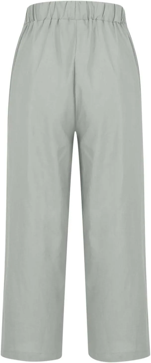 Linen Pants for Women 2025 Summer Elastic Waist Drawstring Casual Trousers Lightweight Straight Leg Lounge Pants
