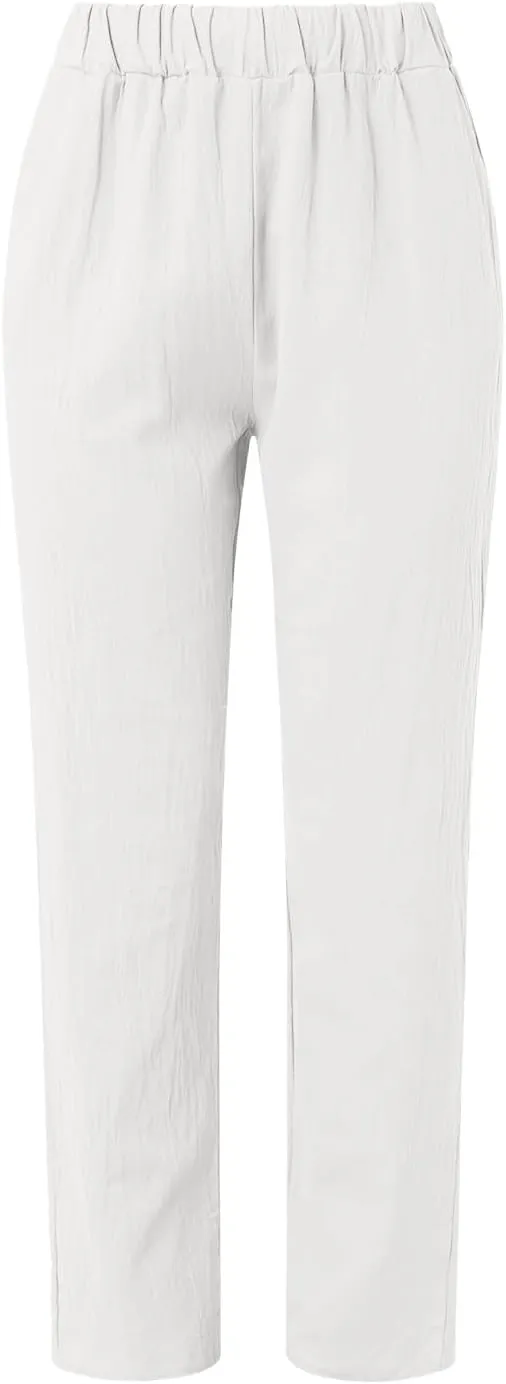 Linen Pants for Women Summer Casual Elastic High Waisted Straight Leg Lounge Pants Beach Loose Lightweight Trousers