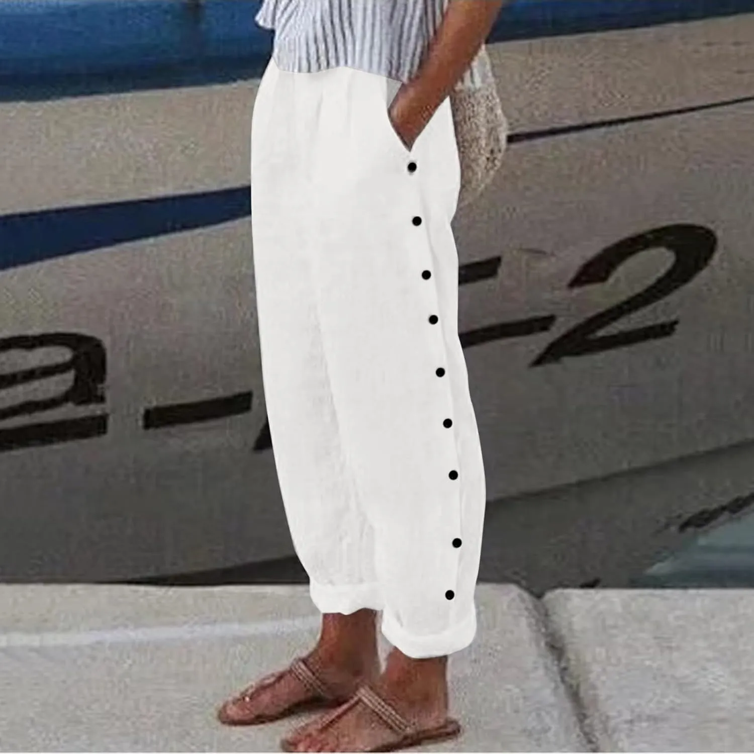 Linen Pants for Women Summer Casual Elastic High Waisted Straight Leg Lounge Pants Beach Loose Lightweight Trousers