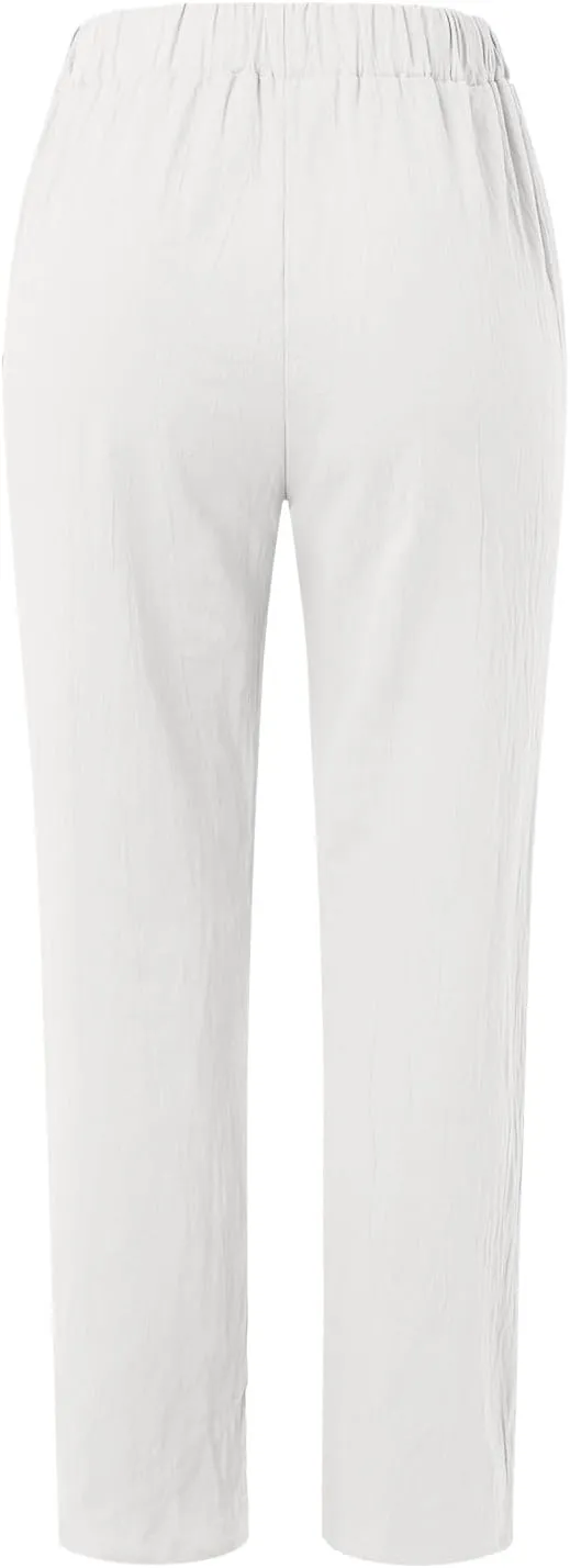 Linen Pants for Women Summer Casual Elastic High Waisted Straight Leg Lounge Pants Beach Loose Lightweight Trousers