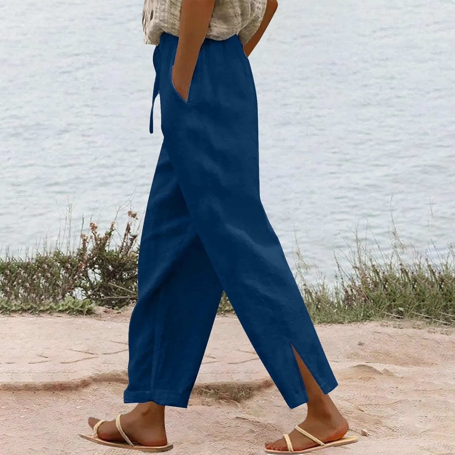 Linen Pants for Women Summer High Waist Elastic Straight Leg Lounge Pant Casual Loose Lightweight Beach Trousers 2025