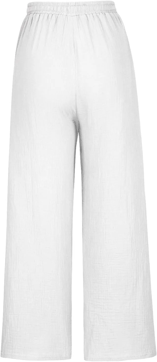 Linen Pants Women 2025 Boho Summer Wide Leg Cotton Linen Trousers Casual Flowy Elastic Waist Lightweight Palazzo