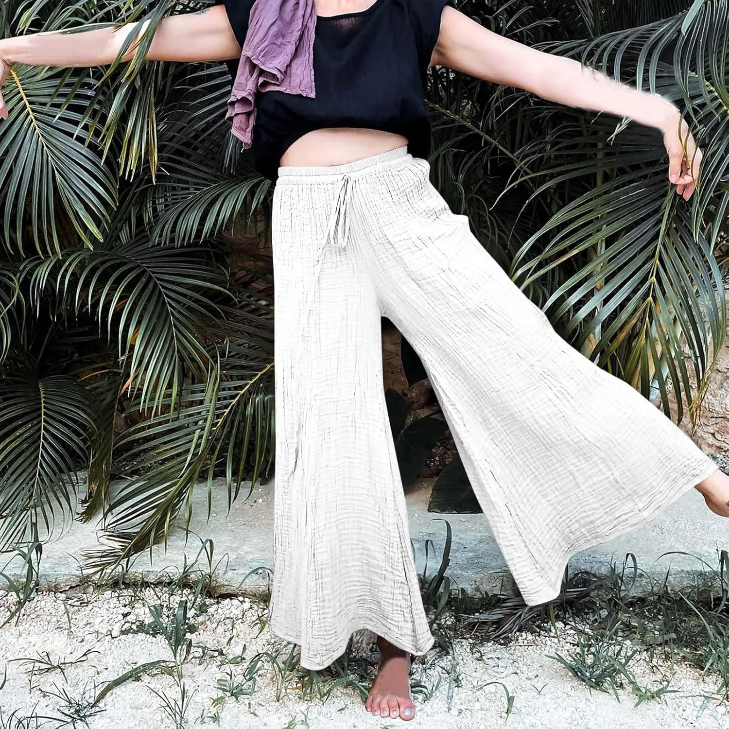 Linen Pants Women 2025 Boho Summer Wide Leg Cotton Linen Trousers Casual Flowy Elastic Waist Lightweight Palazzo