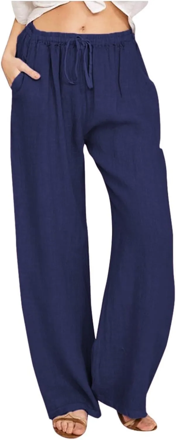 Linen Pants Women Summer Wide Leg Beach Pants Casual Drawstring High Waisted Work Pants with Pockets Flowy Palazzo Trousers