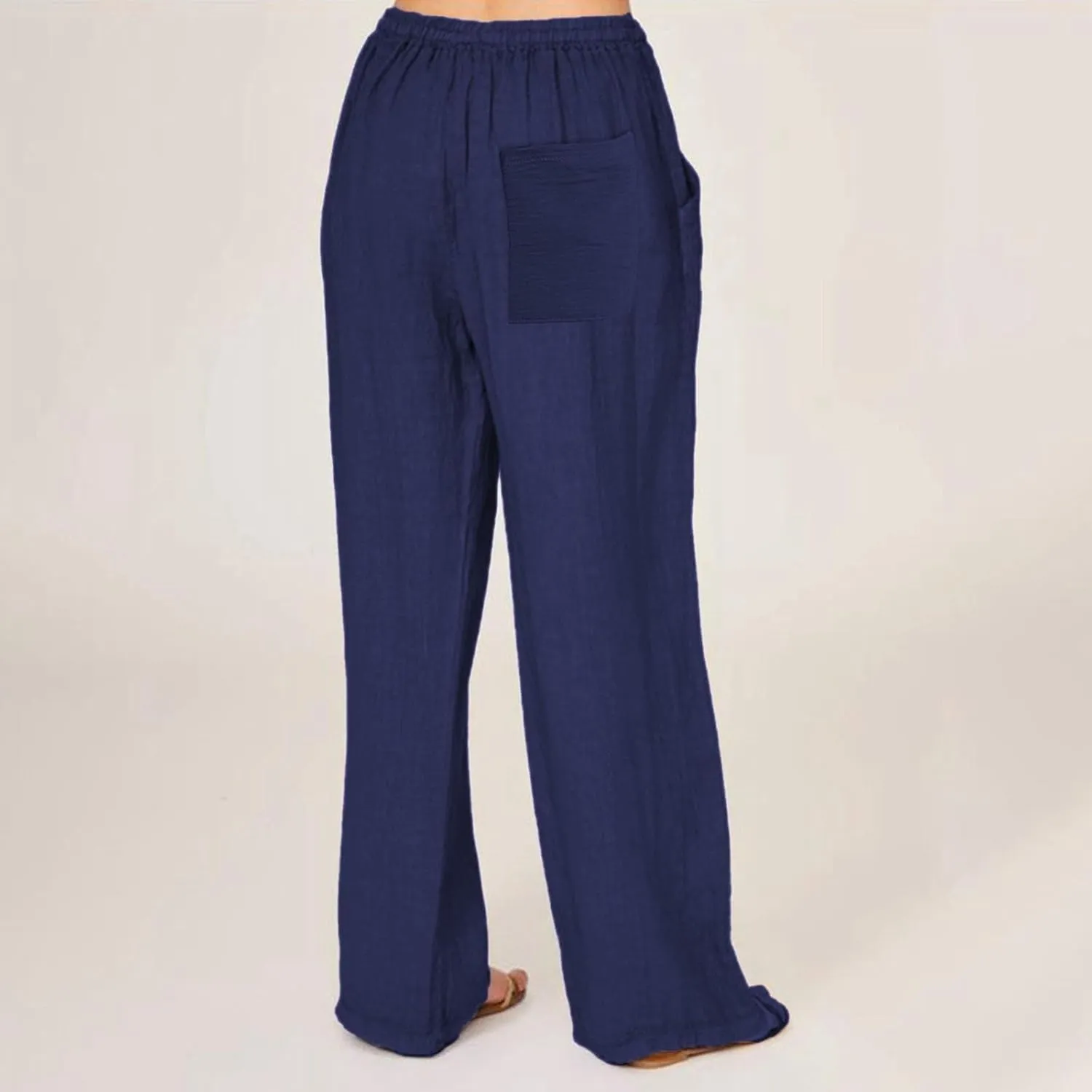 Linen Pants Women Summer Wide Leg Beach Pants Casual Drawstring High Waisted Work Pants with Pockets Flowy Palazzo Trousers