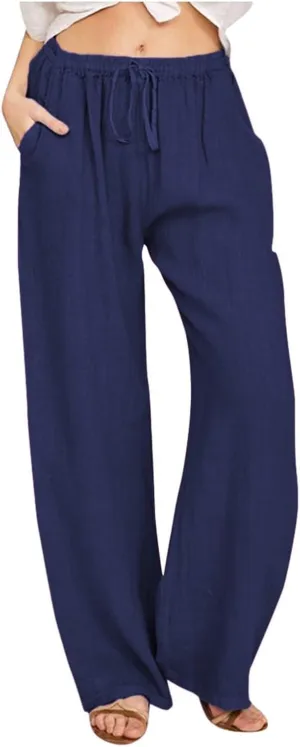 Linen Pants Women Summer Wide Leg Beach Pants Casual Drawstring High Waisted Work Pants with Pockets Flowy Palazzo Trousers