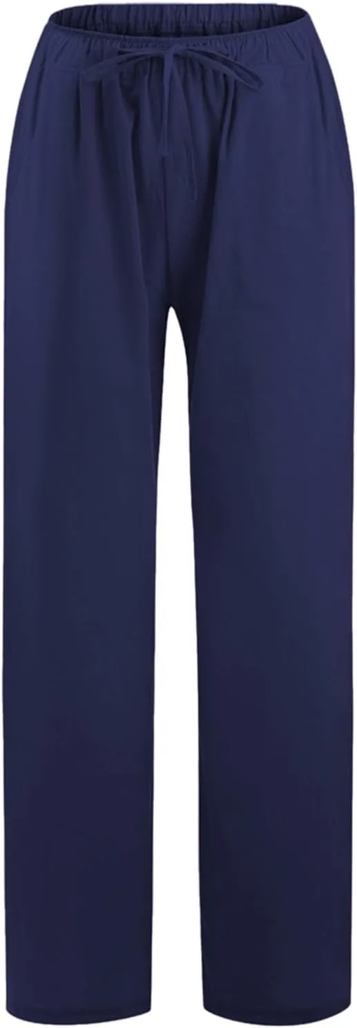 Linen Pants Women Summer Wide Leg Beach Pants Casual Drawstring High Waisted Work Pants with Pockets Flowy Palazzo Trousers