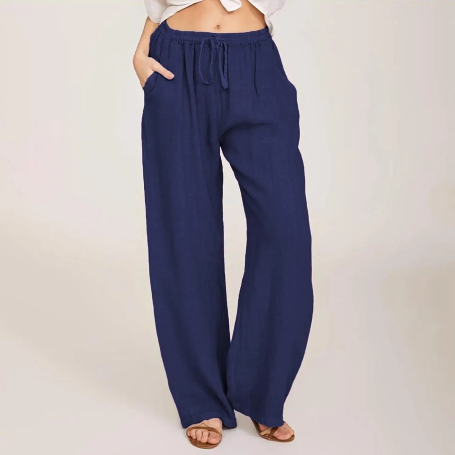 Linen Pants Women Summer Wide Leg Beach Pants Casual Drawstring High Waisted Work Pants with Pockets Flowy Palazzo Trousers