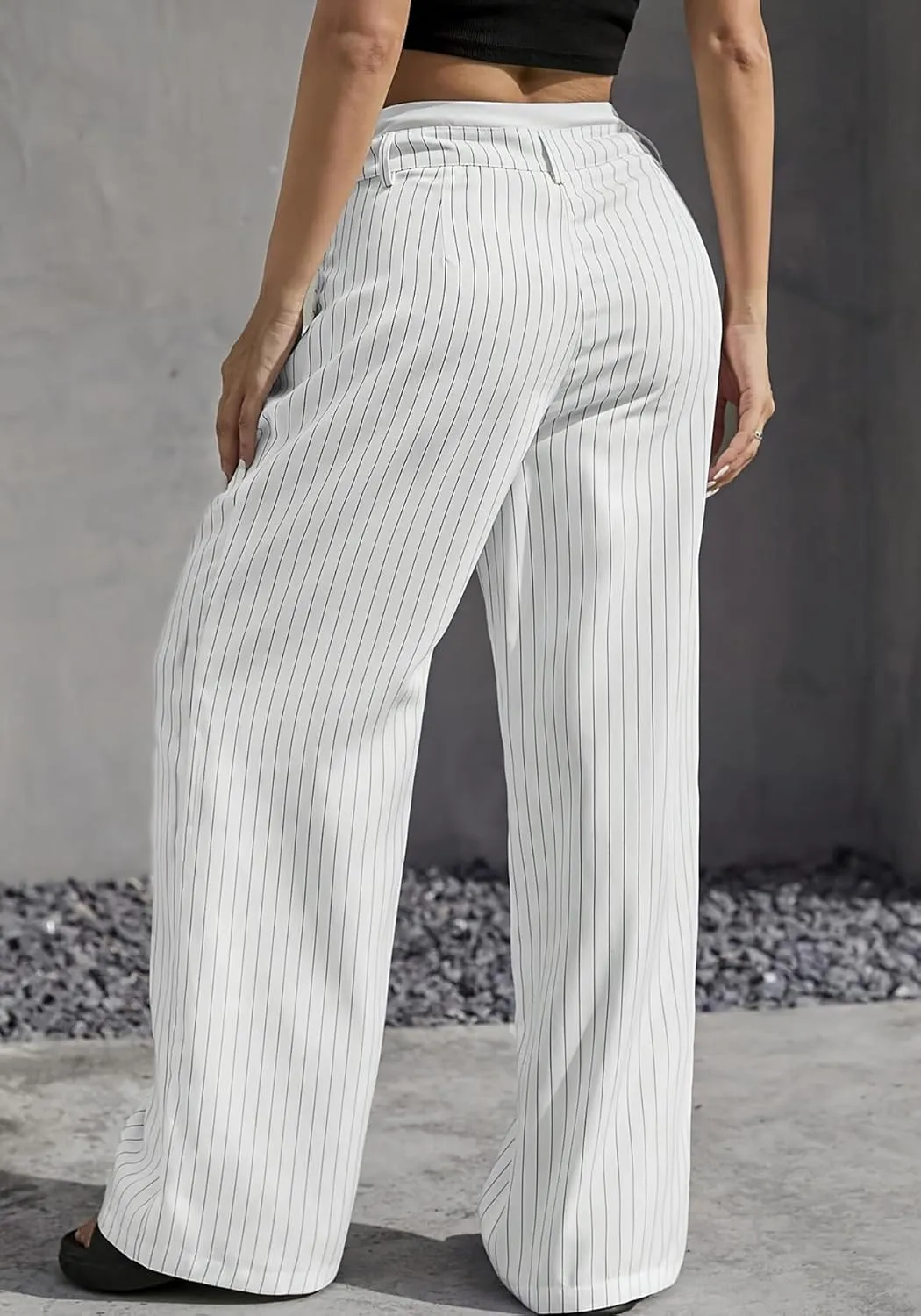 LKOUS Dress Pants Women High Waist,Casual Work Wide Leg Pant Striped Straight Trousers with Pockets