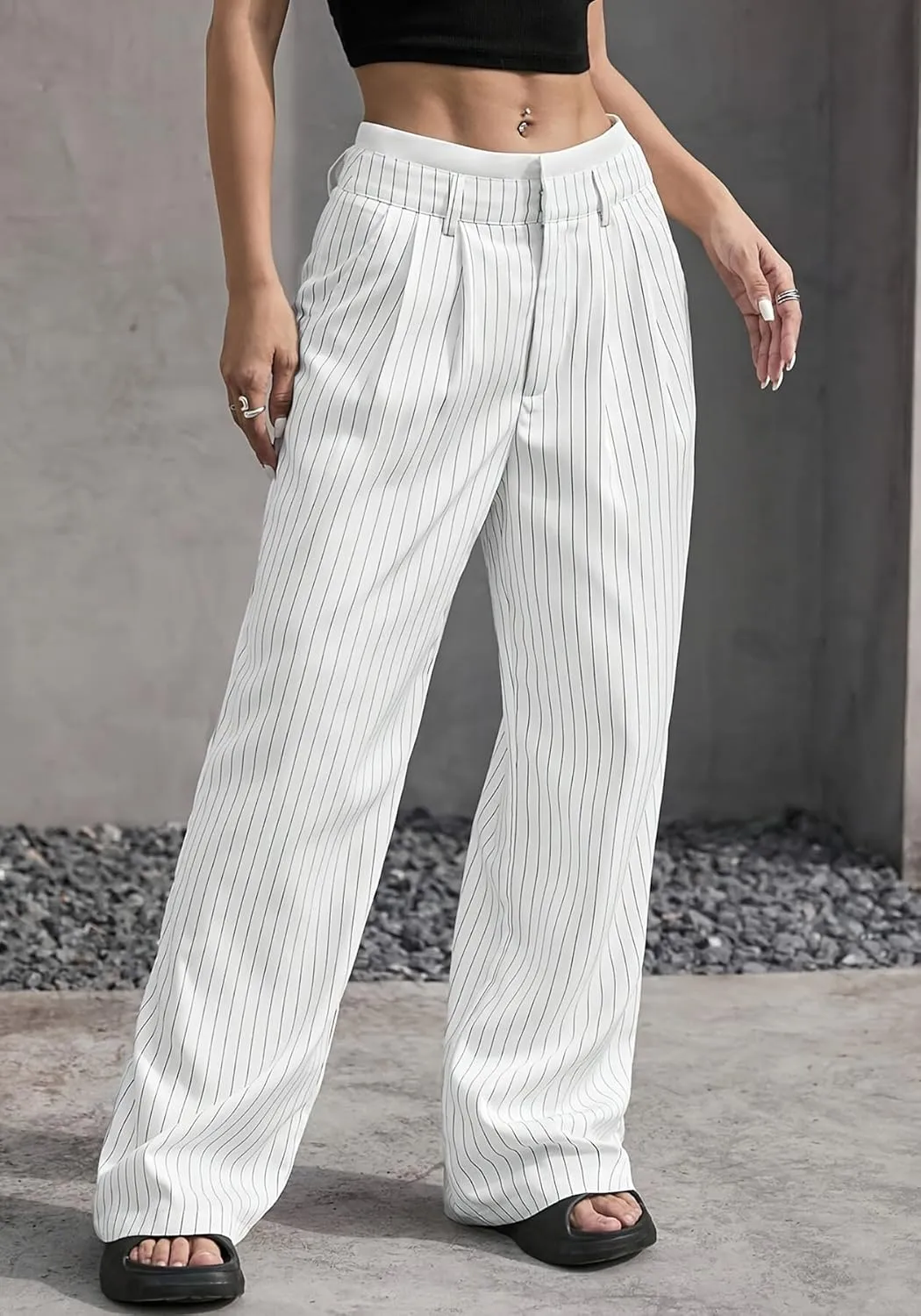 LKOUS Dress Pants Women High Waist,Casual Work Wide Leg Pant Striped Straight Trousers with Pockets