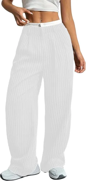 LKOUS Dress Pants Women High Waist,Casual Work Wide Leg Pant Striped Straight Trousers with Pockets