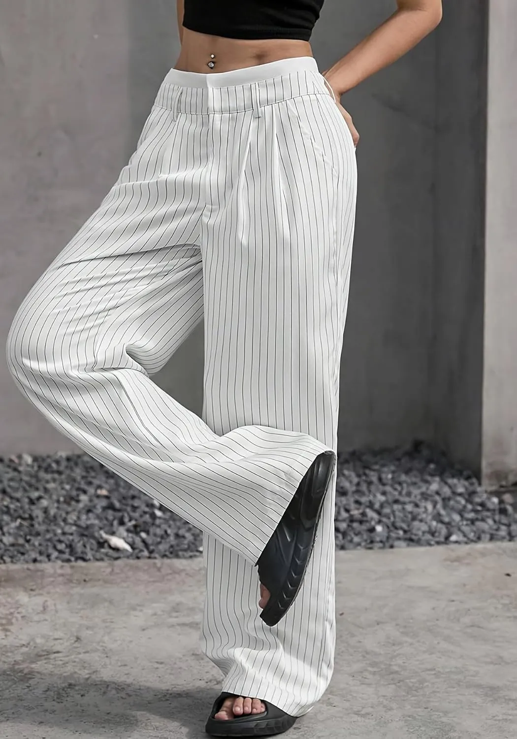 LKOUS Dress Pants Women High Waist,Casual Work Wide Leg Pant Striped Straight Trousers with Pockets