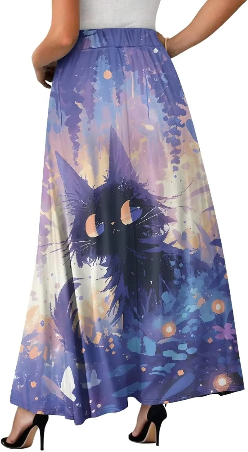 Long Skirts for Women with 2 Side Pockets A-Line Maxi Length Skirt Elastic Waistband S to 2XL Floral Printed Summer