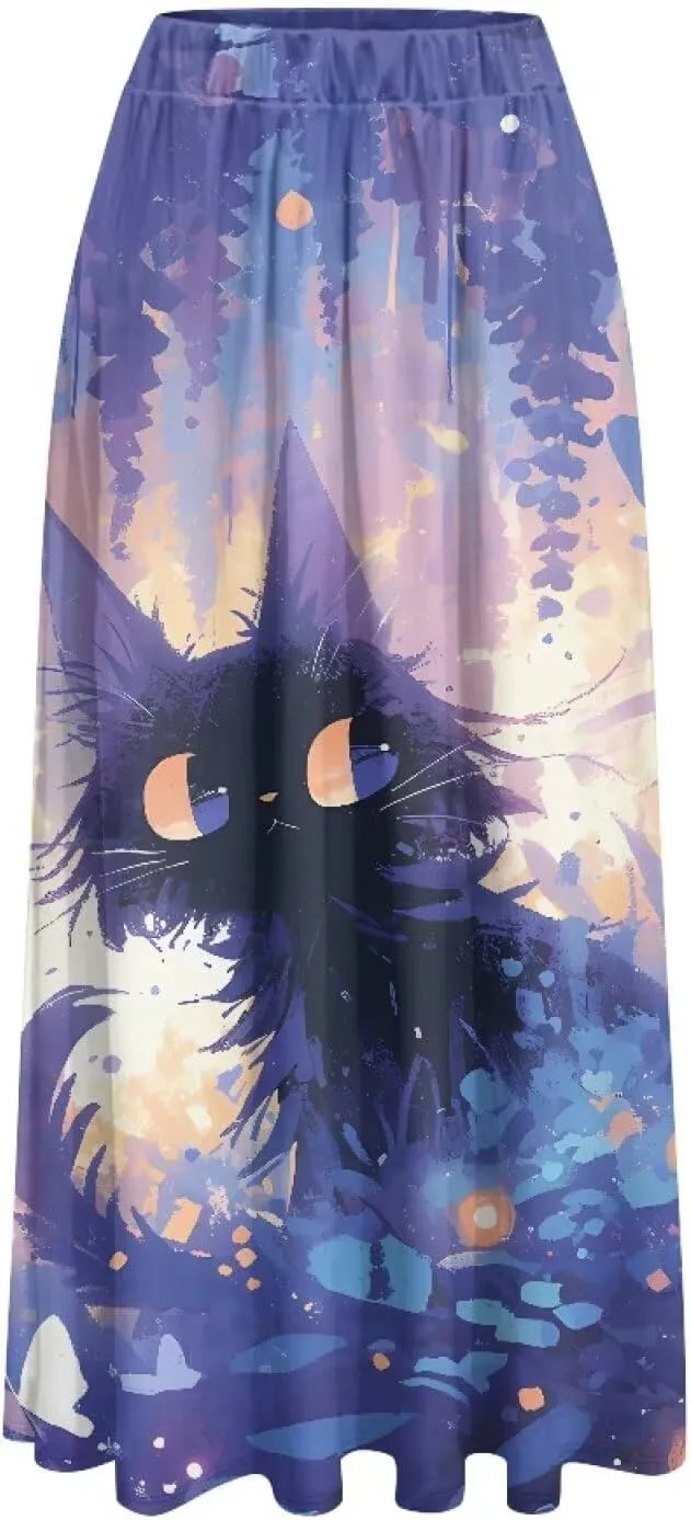 Long Skirts for Women with 2 Side Pockets A-Line Maxi Length Skirt Elastic Waistband S to 2XL Floral Printed Summer
