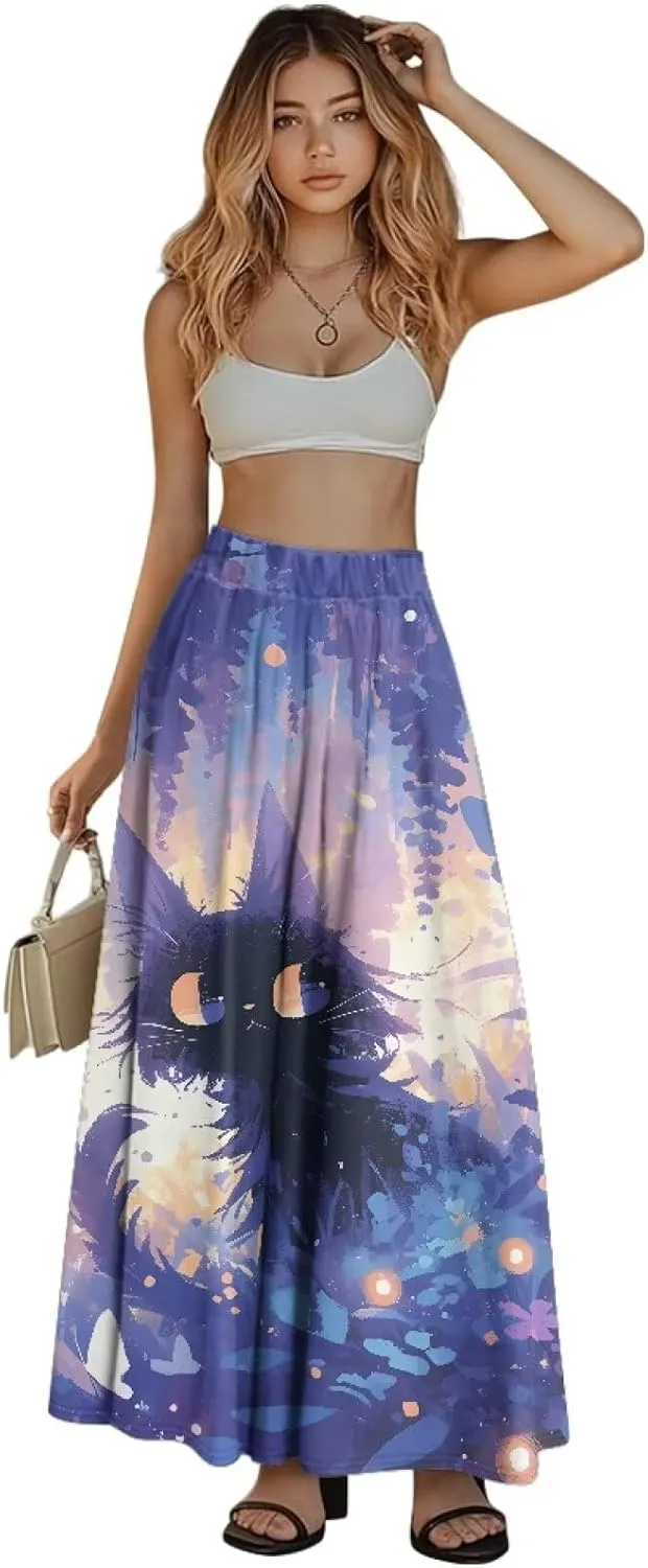 Long Skirts for Women with 2 Side Pockets A-Line Maxi Length Skirt Elastic Waistband S to 2XL Floral Printed Summer
