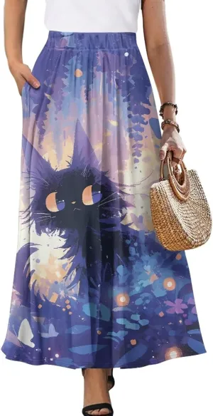 Long Skirts for Women with 2 Side Pockets A-Line Maxi Length Skirt Elastic Waistband S to 2XL Floral Printed Summer