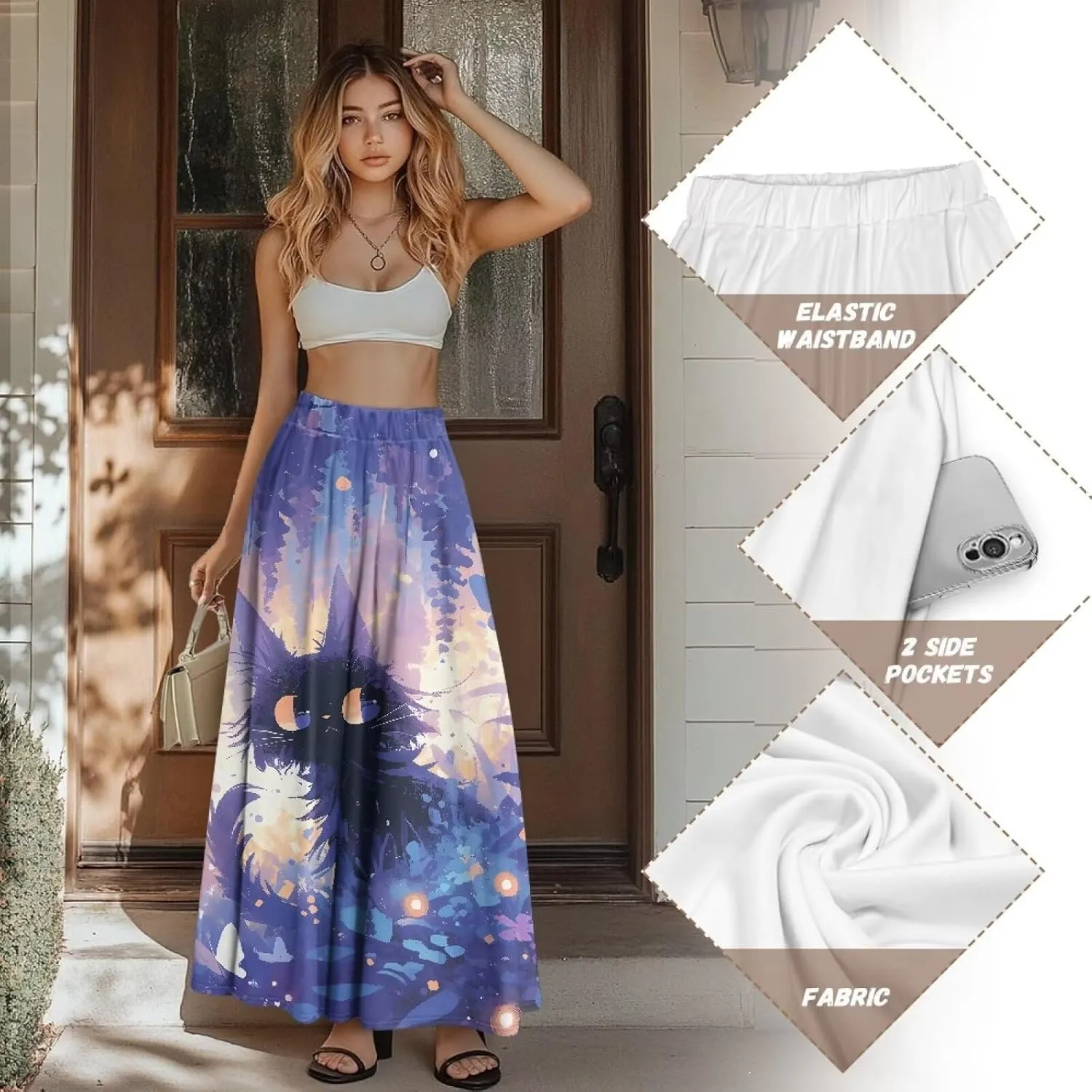 Long Skirts for Women with 2 Side Pockets A-Line Maxi Length Skirt Elastic Waistband S to 2XL Floral Printed Summer