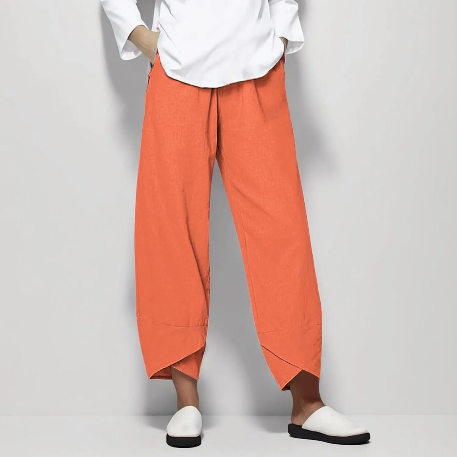 Loose Women Straight Summer Pants High Casual Waist Long Solid Cotton Pants Womens High Waist White