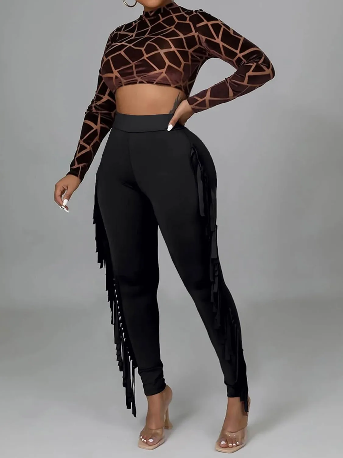 LYANER Women's High Waist Fringe Jogger Sweatpants Tassels Side Bodycon Pants