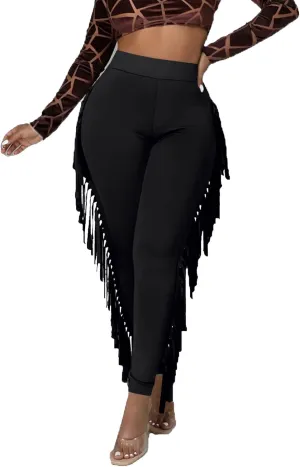LYANER Women's High Waist Fringe Jogger Sweatpants Tassels Side Bodycon Pants