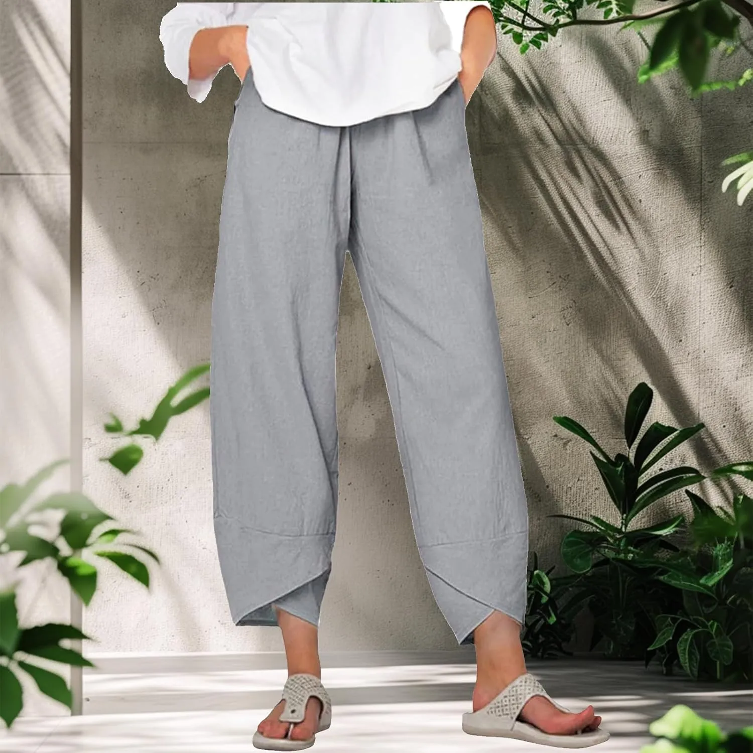 MARSVOVO Capri Pants for Women Summer Fashion Patchwork Cropped Comfy Wide Leg Baggy Trouser Palazzo Pants with Pockets