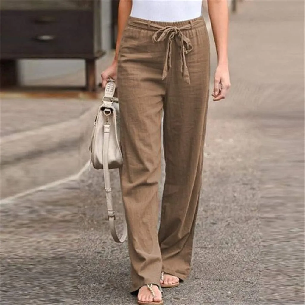 Maryia Casual Cotton Linen Baggy Cropped Pants for Women Stretch Pull On Capris Flowy Sweatpants Drawstring Summer Trousers