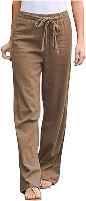 Maryia Casual Cotton Linen Baggy Cropped Pants for Women Stretch Pull On Capris Flowy Sweatpants Drawstring Summer Trousers