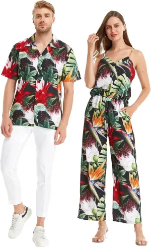 Matchable Couple Hawaiian Luau Shirt or V-Neck Jumpsuit with Pockets in Tropical Twilight