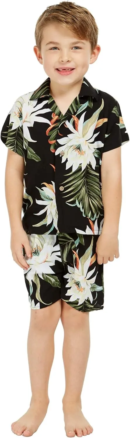 Matchable Family Hawaiian Luau Men Women Girl Boy Clothes in Wispy Cereus Black