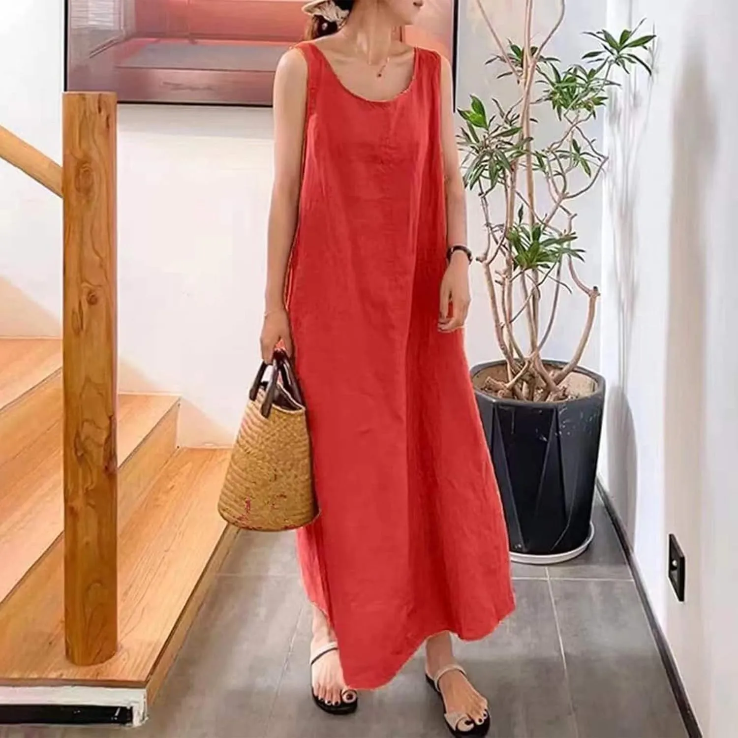 Maxi Dresses for Women,2023 Spring Summer Trendy Crew Neck Short Sleeve Floral Print Beach Dresses with Pockets