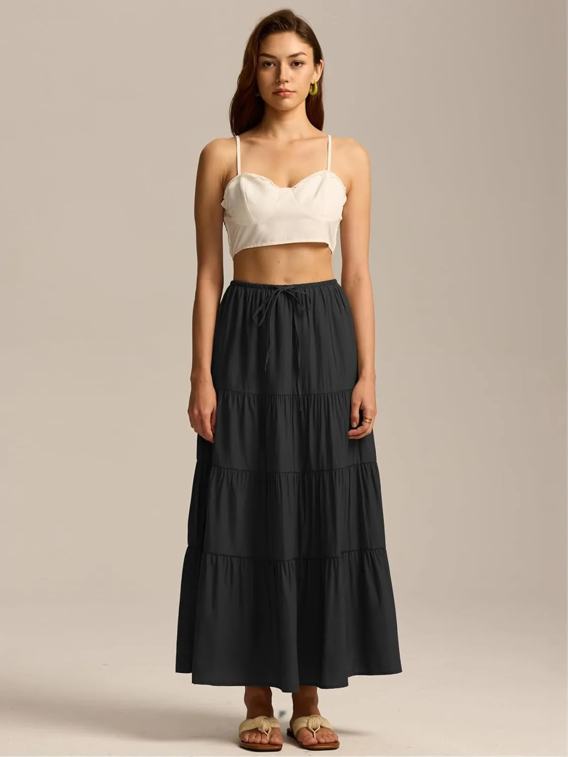 Maxi Skirts for Women Tiered Long Skirts Pleated A Line Adjustable Elastic Waist with Drawstring Flowy Long Skirt